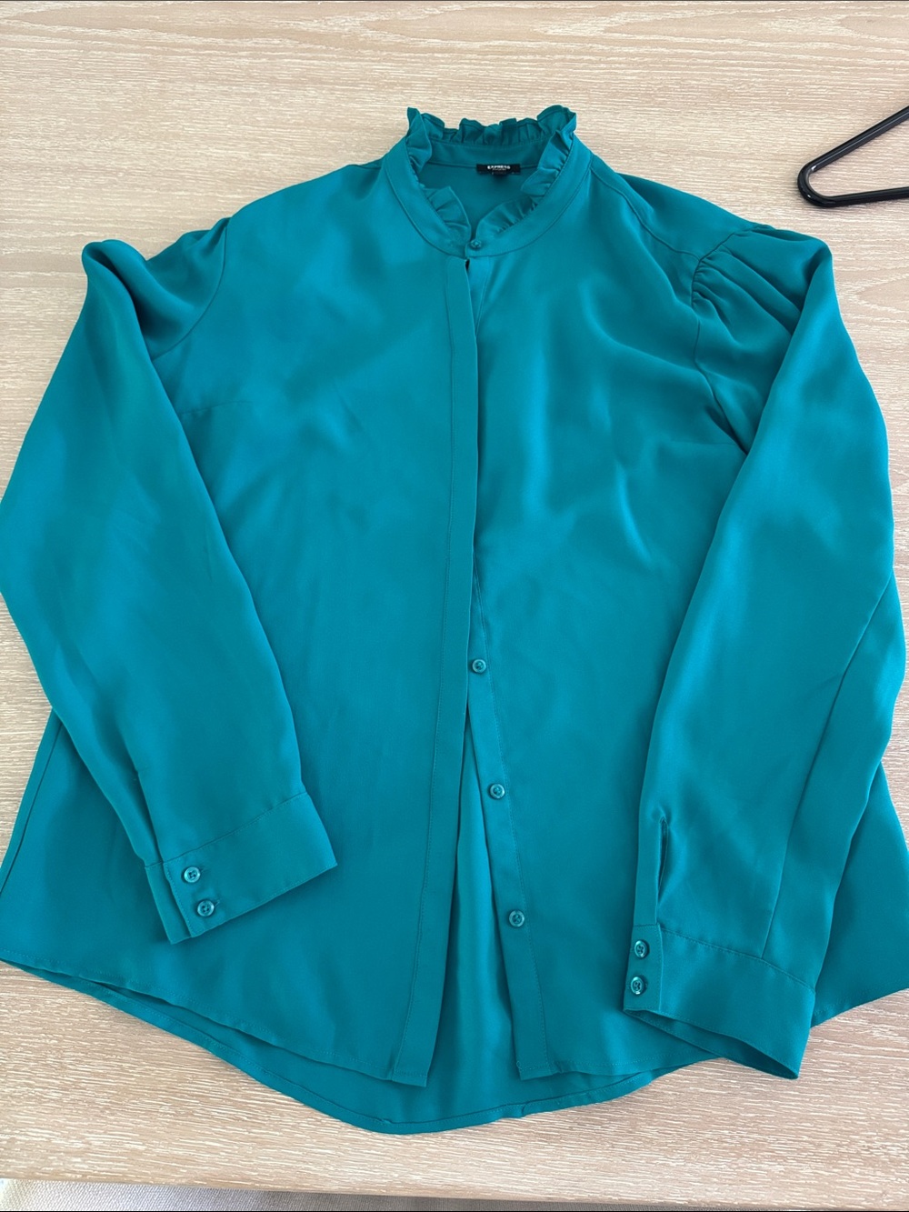 Express Teal Ruffle Collar Long-Sleeve Dress Shirt